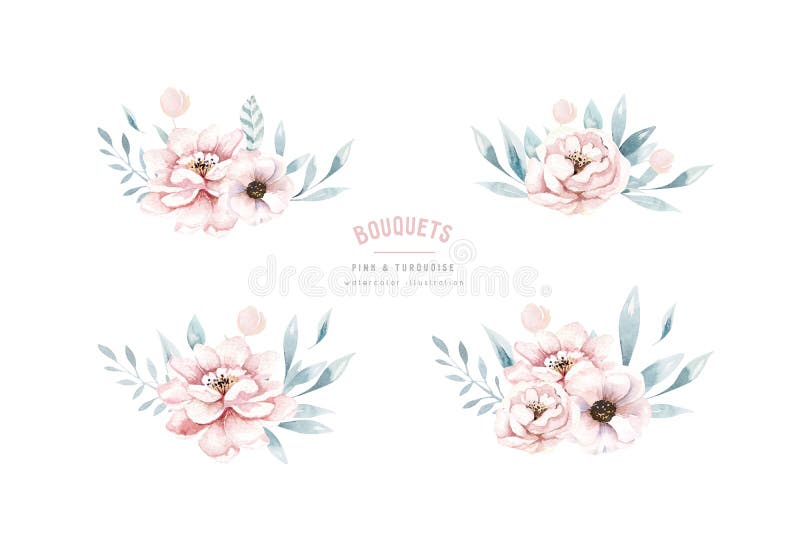 Vattenfärgsblommor bouquet set. Insamling av blommor i färg med blad och blommor. vårdesign eller sommardesign för fotografering för bildbyråer
