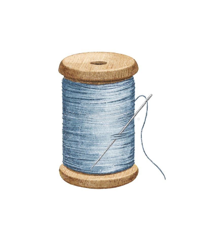 Watercolor vintage antique blue wooden bobbin of thread with steel needle for sewing pattern isolated on white background. Hand drawn illustration sketch. Watercolor vintage antique blue wooden bobbin of thread with steel needle for sewing pattern isolated on white background. Hand drawn illustration sketch