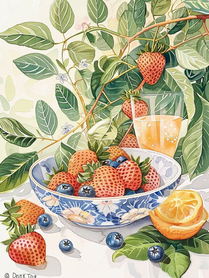 Vattenfärgscen för en skål fylld med mogna jordgubbar och blåbär 1 stock illustrationer