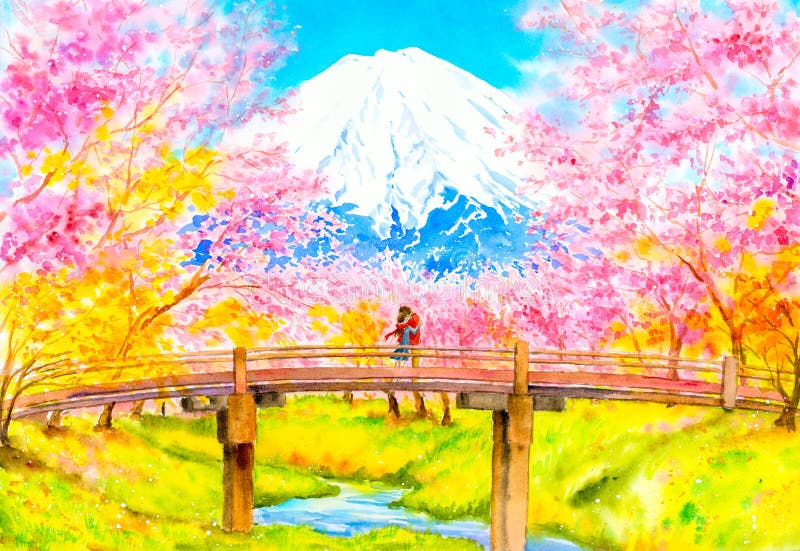 Vattenfärgsfärgning - Ett par med körsbärsblommor vid Fuji Mountain, Japan stock illustrationer