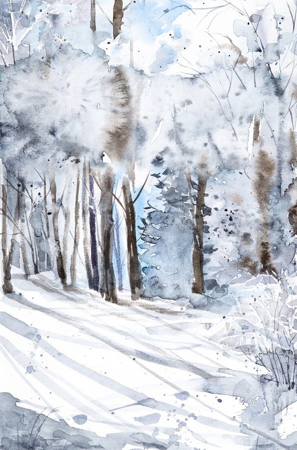 Vattenfärgsillustration av en vacker rysk vinterskog med skuggor från trädtrunkar i snön royaltyfri illustrationer