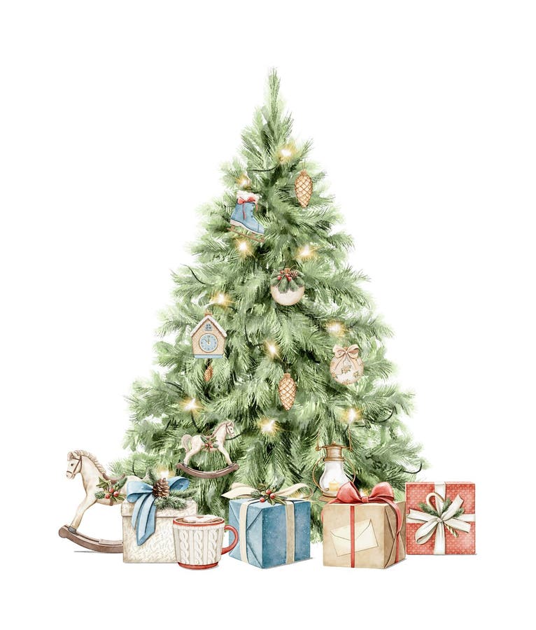 Vattenfärgskartoon Vintage green christmas-träd med leksaksartiklar och presentboxar royaltyfri bild