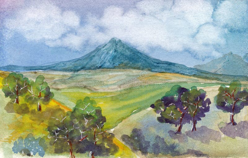 Vattenfärgslandskap med moln från bergsområden och träd stock illustrationer