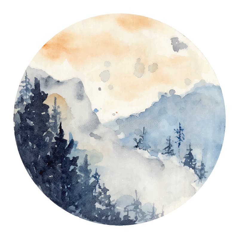 Watercolor landscape with pine and fir trees and mountains abstract nature background, forest template, hand drawn illustration. Watercolor landscape with pine and fir trees and mountains abstract nature background, forest template, hand drawn illustration