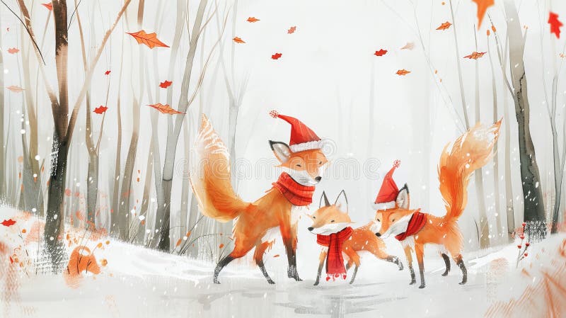 Vattenfärgsmålning av tre rävar med tomathattar i en snöskog. Begreppet festivdjur under vintern vektor illustrationer