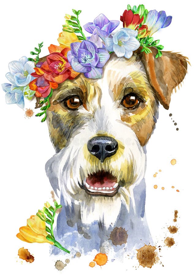 Vattenfärgsporträtt av airedale skräckhund med blommor royaltyfri illustrationer
