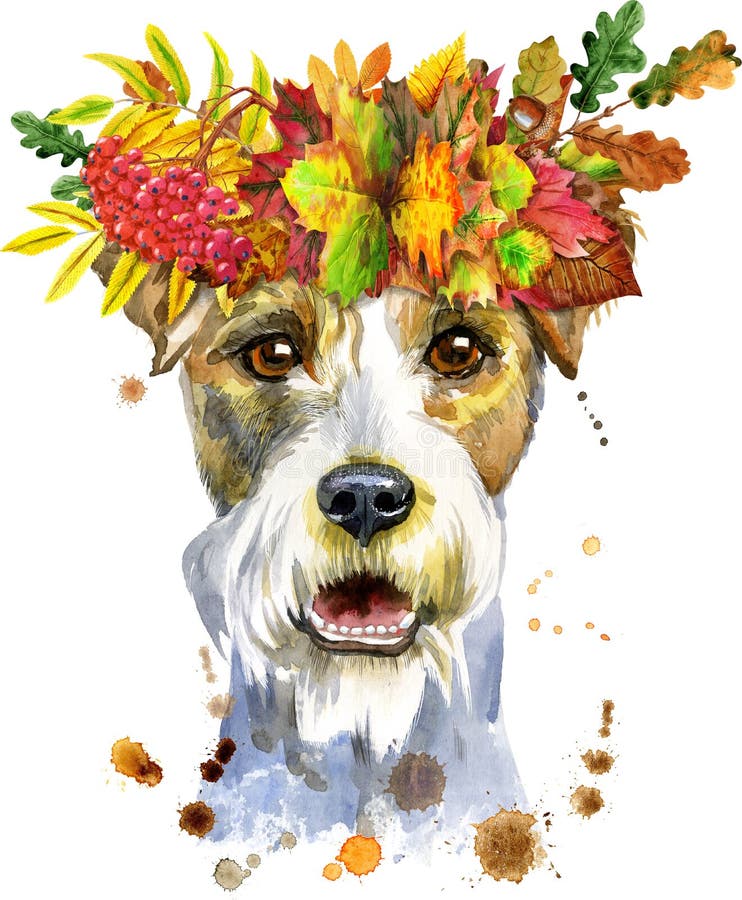 Vattenfärgsporträtt från airedale skräckhund i höstblad royaltyfri illustrationer