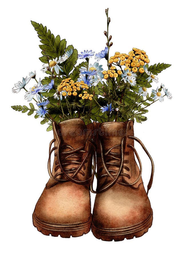 Vattenfärgsstövlar med vildblommor, vandringsäventyr stock illustrationer