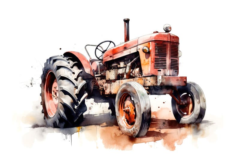 Watercolor illustration of orange tractor with vibrant paint splatters on white background. Rustic allure of agricultural machinery with artistic flair AI generated. Watercolor illustration of orange tractor with vibrant paint splatters on white background. Rustic allure of agricultural machinery with artistic flair AI generated