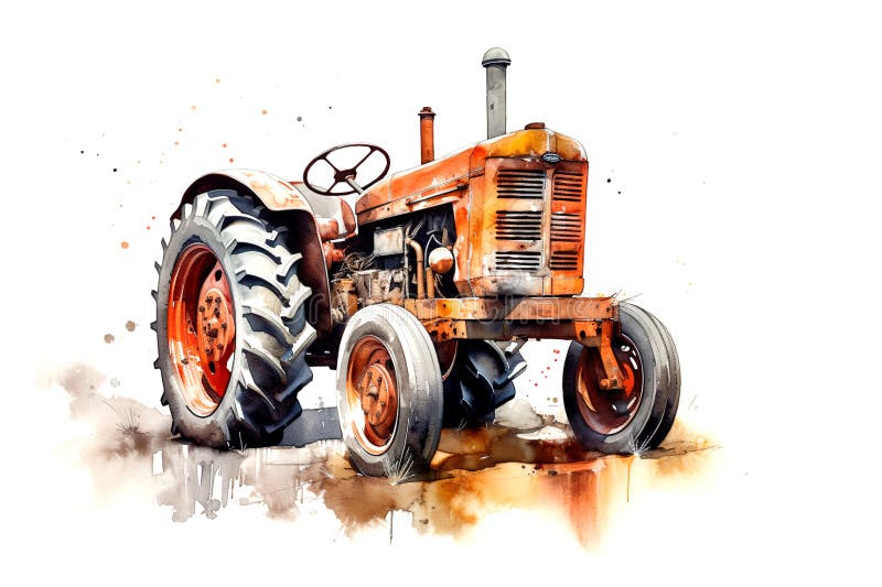 Watercolor illustration of orange tractor with vibrant paint splatters on white background. Rustic allure of agricultural machinery with artistic flair AI generated. Watercolor illustration of orange tractor with vibrant paint splatters on white background. Rustic allure of agricultural machinery with artistic flair AI generated