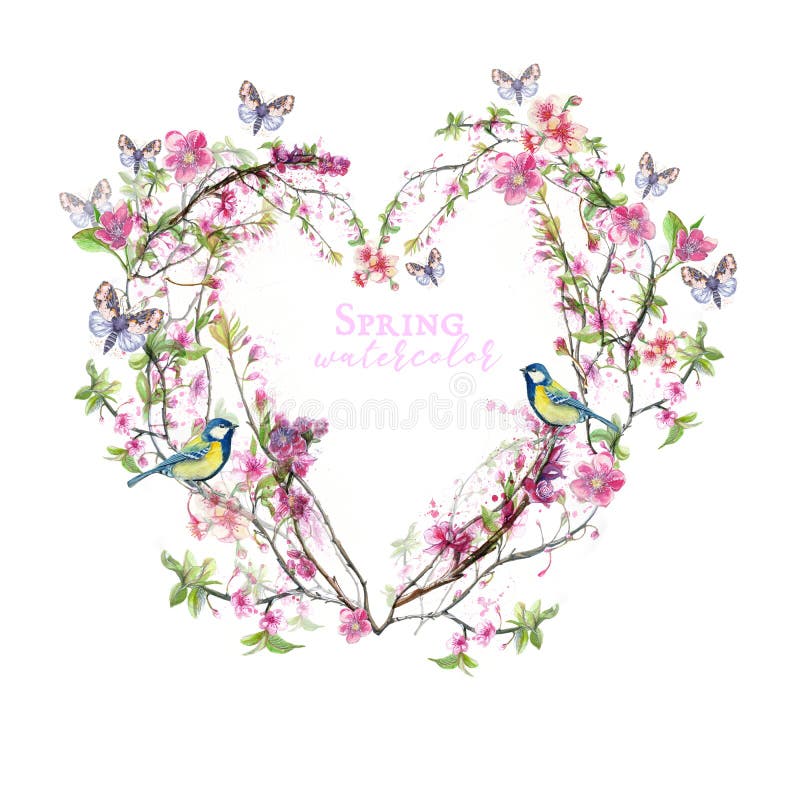 Vattenfärgteckningen av körsbärsröda körsbärsröda blomningar för körsbärsröda blomningar, rosa färgblommor, försiktiga signaler royaltyfri illustrationer