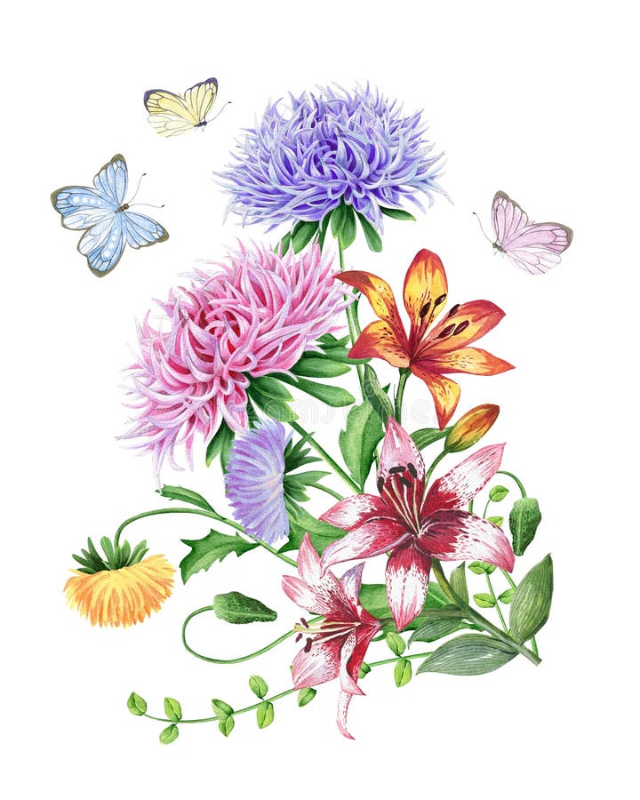 Vattenfärguppsättning av blommor stock illustrationer Vattenfärguppsättning av blommor stock illustrationer
