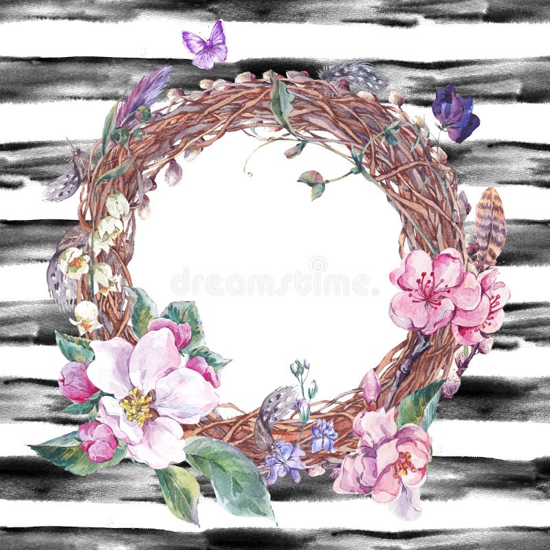 Vattenfärgvårkrans, bukett med blomningäppleträdet vektor illustrationer Vattenfärgvårkrans, bukett med blomningäppleträdet vektor illustrationer