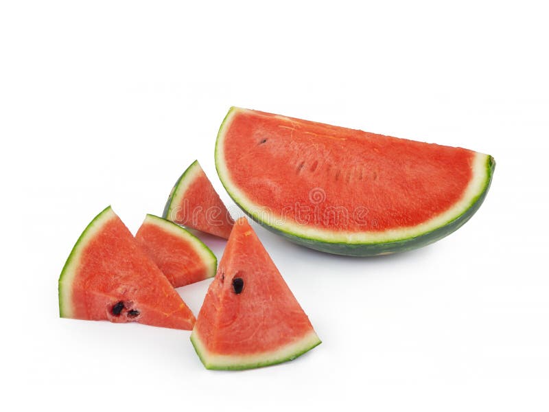 Vattenmelonsegment på vit bakgrund. Färsk vattenmelon i segmentet, en dessert för diet och hälsosam färskhet under sommaren
