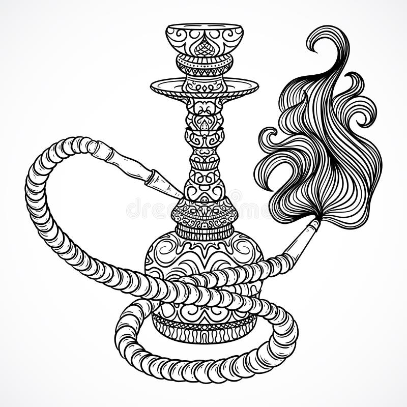 Vattenpipa med den orientaliska prydnaden och rök Tappningvektor stock illustrationer Vattenpipa med den orientaliska prydnaden och rök Tappningvektor stock illustrationer