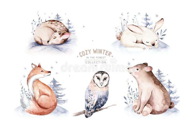 Vattenskärtskäggsdjur på vintern som föds upp med hägnade äggkaniner på vit bakgrund. vilda skogsräv och ekorrdjur stock illustrationer