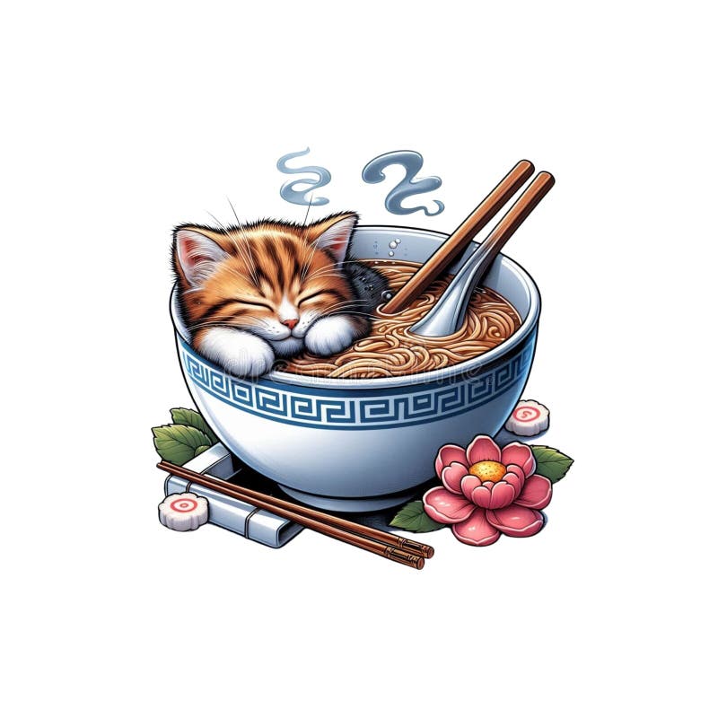 Vattentärsfärgning Illustration av adatant sömnkattunge i Steaming Ramen Bowl White Background stock illustrationer