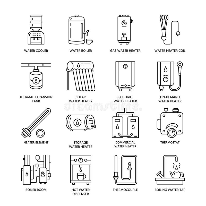 Water heater, boiler, thermostat, electric, gas, solar heaters and other house heating equipment line icons. Thin linear pictogram for hardware store. Household appliances signs. Water heater, boiler, thermostat, electric, gas, solar heaters and other house heating equipment line icons. Thin linear pictogram for hardware store. Household appliances signs.