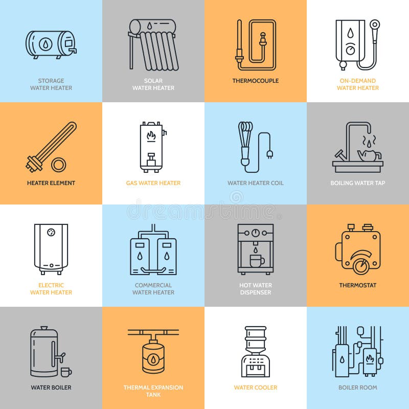 Water heater, boiler, thermostat, electric, gas, solar heaters and other house heating equipment line icons. Thin linear pictogram with editable strokes for hardware store. Household appliances signs. Water heater, boiler, thermostat, electric, gas, solar heaters and other house heating equipment line icons. Thin linear pictogram with editable strokes for hardware store. Household appliances signs.