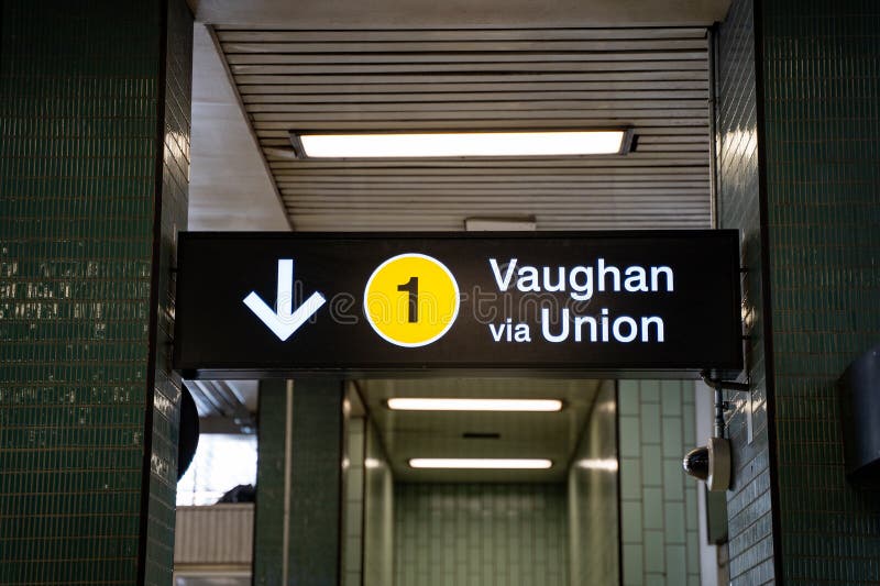 Vaughan via Union sign on subway station platform. Toronto, Canada - April 30, 2024. Vaughan via Union sign on subway station platform. Toronto, Canada - April 30, 2024