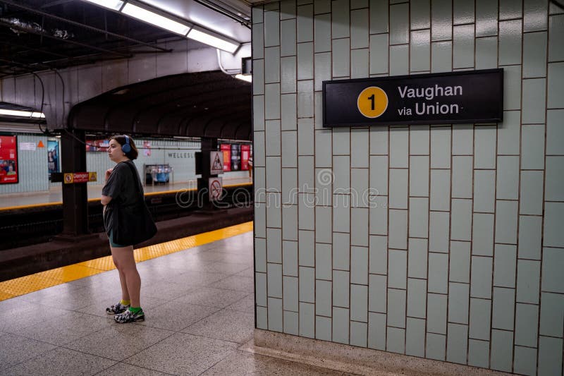 Vaughan via Union sign on subway station platform. Toronto, Canada - April 30, 2024. Vaughan via Union sign on subway station platform. Toronto, Canada - April 30, 2024