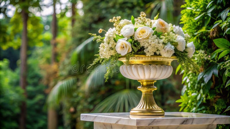 Vază cu floare albă exquisită pe eleganța și liniștea piedestală din marmură, în detaliu cu filigree royalty free illustration