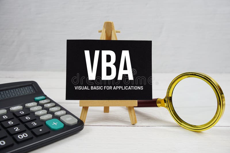 VBA abbreviation of Visual Basic for Applications text with magnifying glass and calculator on wooden background stock photo