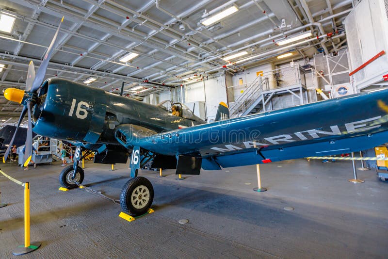 San Diego, California, United States - JULY 2018: American U. S. carrier fighter, Vought F4U Corsair in USS Midway Battleship museum. American fighter aircraft of 1942 of Marine Corps in World War 2. San Diego, California, United States - JULY 2018: American U. S. carrier fighter, Vought F4U Corsair in USS Midway Battleship museum. American fighter aircraft of 1942 of Marine Corps in World War 2.