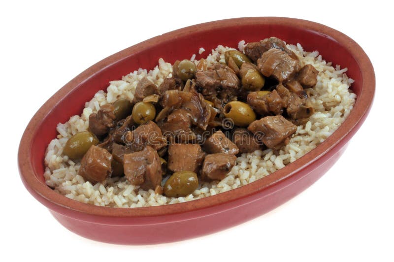 Veal Dish with Olives with Rice Closeup on a White Background Stock