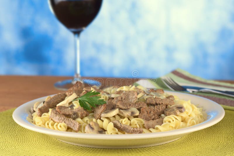Veal Strips with Mushrooms on Pasta Stock Photo Image of parsley, fusilli 19473572
