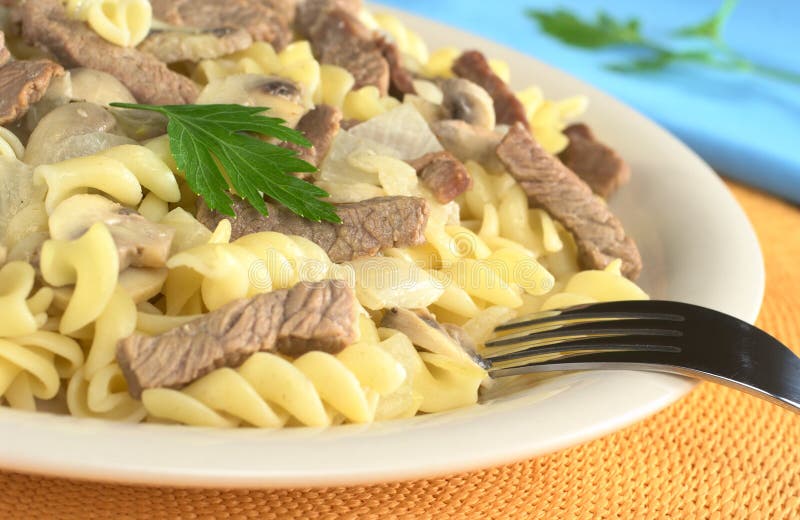 Veal Strips with Mushrooms on Pasta Stock Photo Image of selective, meat 19473636