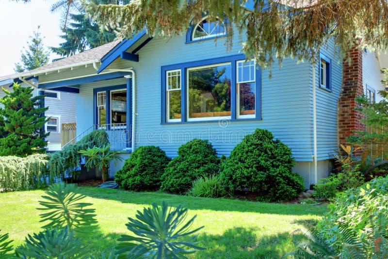 Vecchia casa blu di stile dell'artigiano dietro l'albero