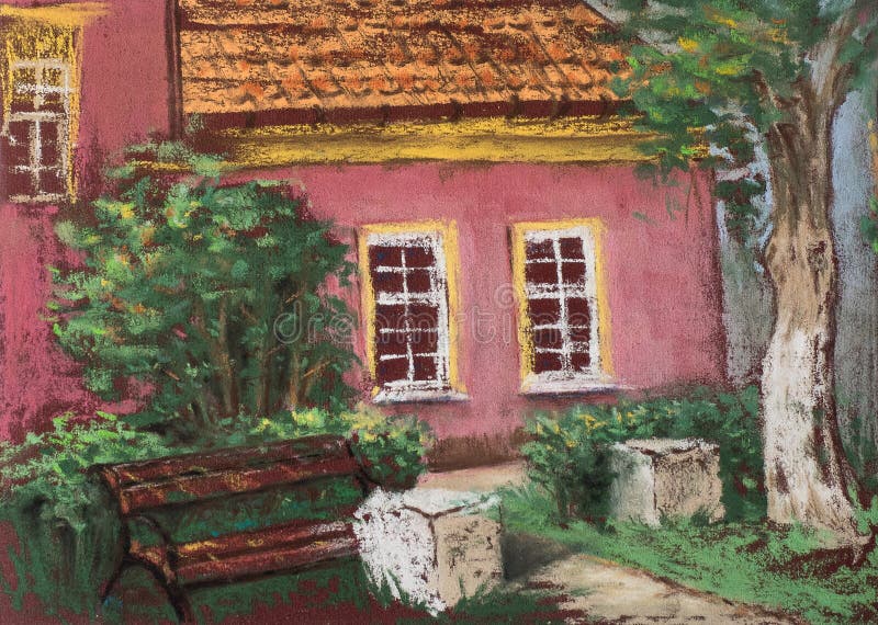 Vecchia casa europea tradizionale con il tetto piastrellato, il banco e l'albero verde Vista urbana Pastelli artistici