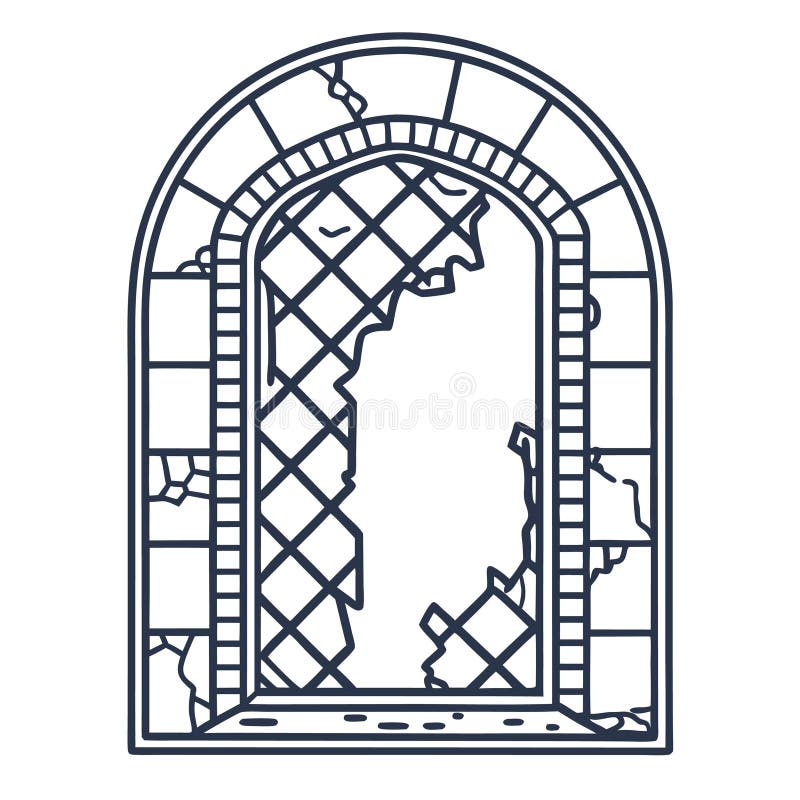 Vecchia finestra a arco con vetri incrinati e danneggiamento dell'intaglio architettonico in rovina della muratura AI Generative illustrazione vettoriale