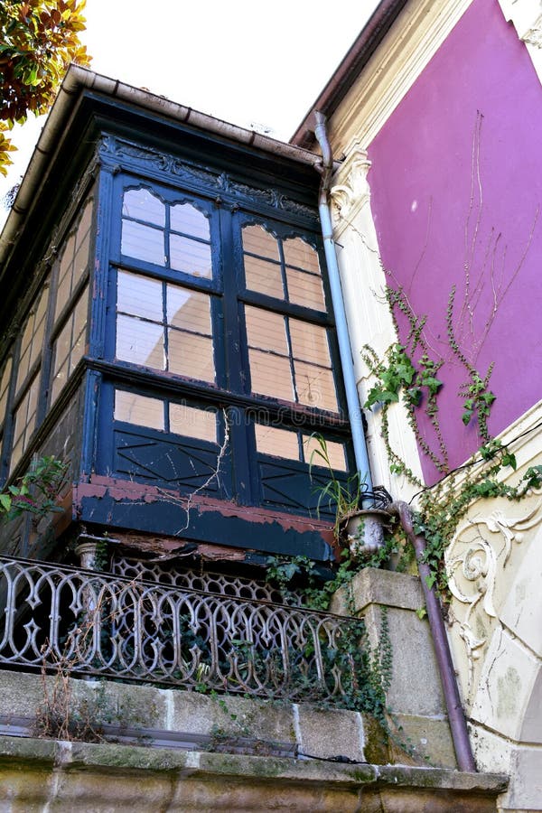 Vecchia galleria di legno blu con la parete della viola e dell'edera Pontevedra, vecchia città, Galizia, Spagna fotografie stock libere da diritti Vecchia galleria di legno blu con la parete della viola e dell'edera Pontevedra, vecchia città, Galizia, Spagna fotografie stock libere da diritti