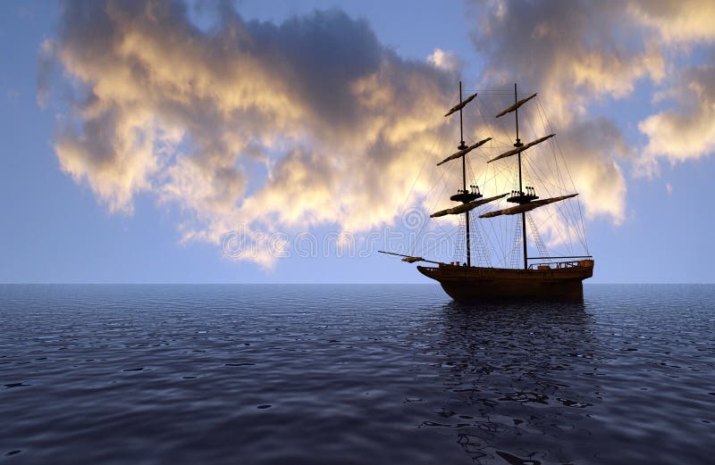 Fantasy view of an old ship at sunset - digital art work. Fantasy view of an old ship at sunset - digital art work