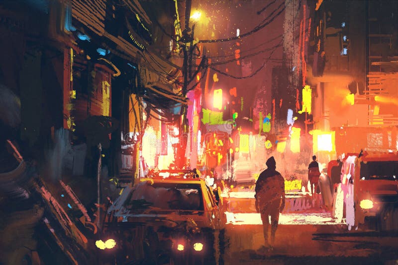 Vecchia via nella città futuristica alla notte con luce variopinta illustrazione vettoriale