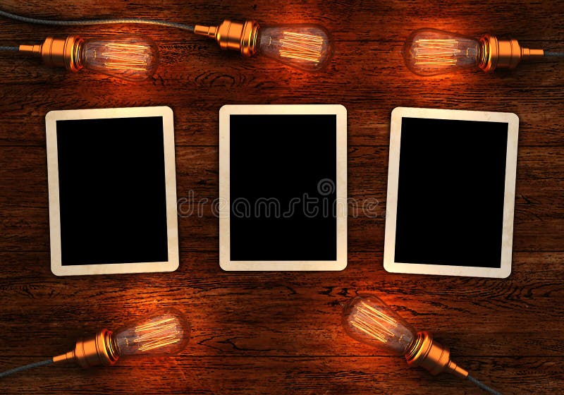 Old photos on wood background with retro light bulbs. 3D render. Old photos on wood background with retro light bulbs. 3D render