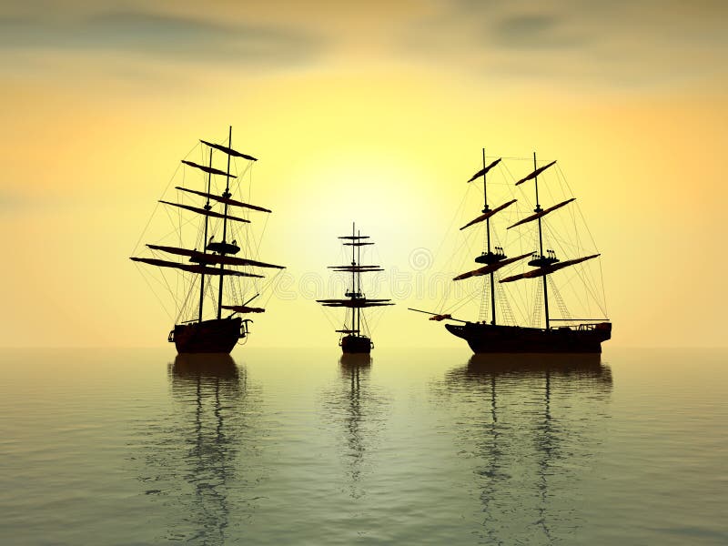 Fantasy view of three old ship at sunset - digital art work. Fantasy view of three old ship at sunset - digital art work