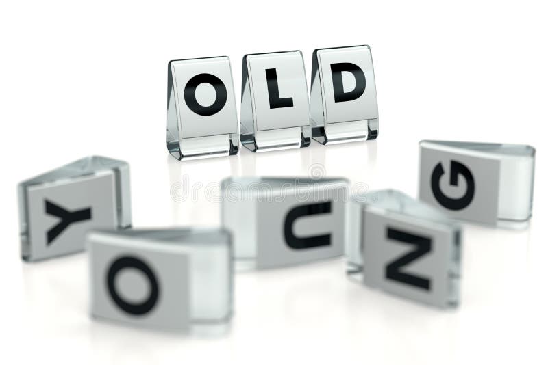 VECCHIE parole scritte su blocchi lucidi e cadute su blocchi sfuocati con lettere YOUNG, isolate su fondo bianco Vecchia signific illustrazione vettoriale