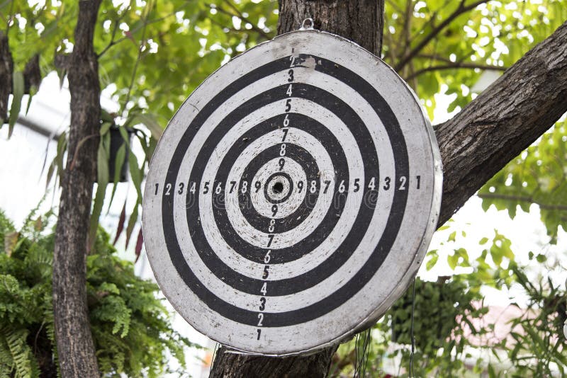 Vecchio bordo di dardo che appende su un albero fotografia stock libera da diritti Vecchio bordo di dardo che appende su un albero fotografia stock libera da diritti