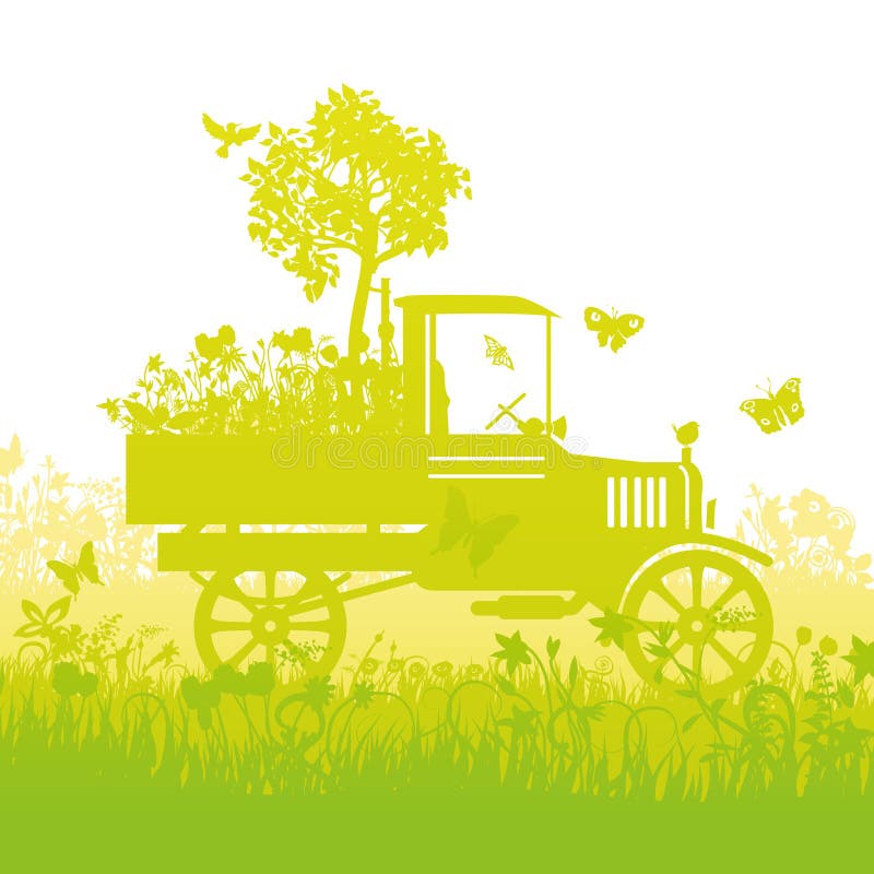 Vecchio camion con un piccolo albero sul caricatore illustrazione di stock Vecchio camion con un piccolo albero sul caricatore illustrazione di stock