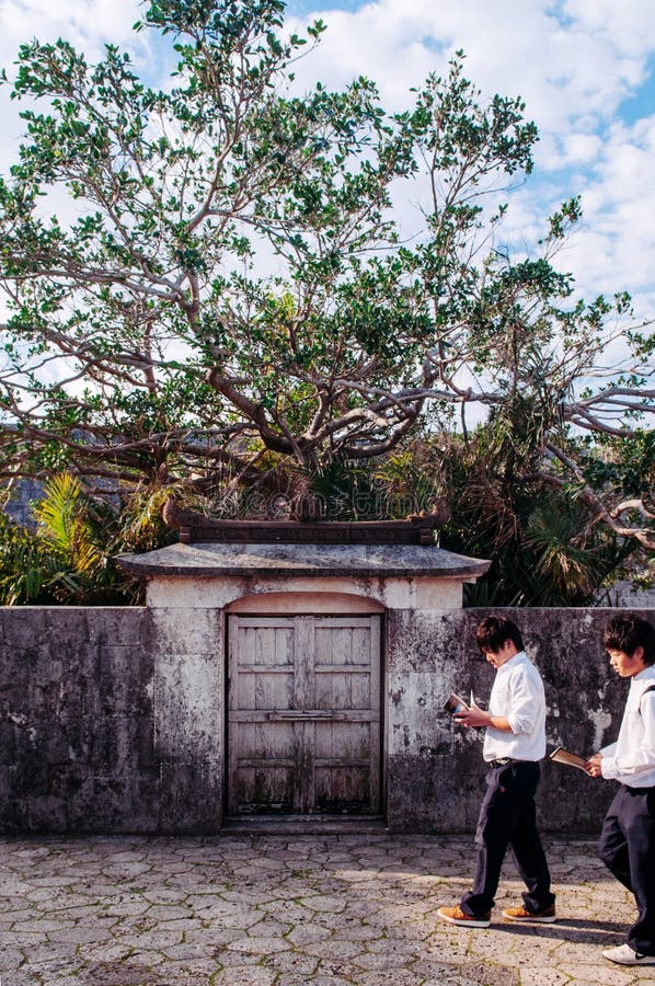 Vecchio castello di Shuri della parete sotto chiaro cielo blu, Naha, Okinawa, Giappone immagini stock libere da diritti