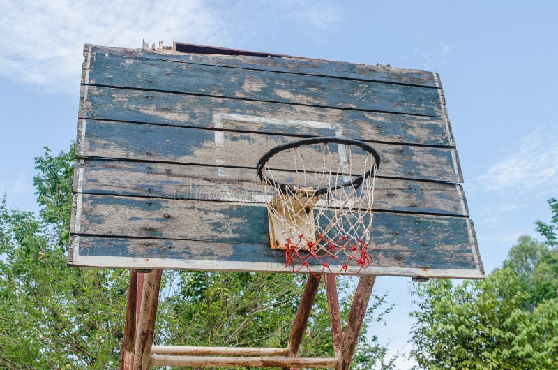 Old Basketball hoop on a blue sky and forest. Old Basketball hoop on a blue sky and forest