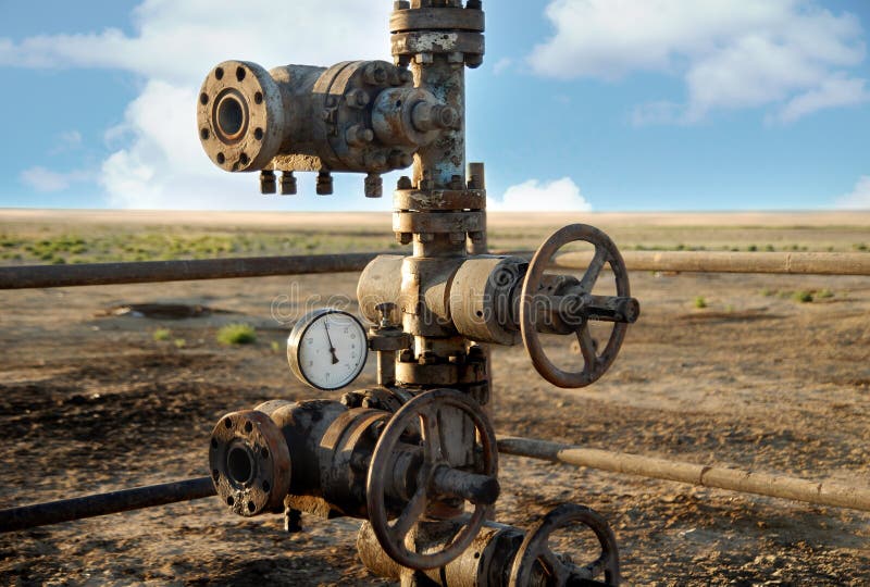 Photo of the old rusty oil rigs with preasure valve. Photo of the old rusty oil rigs with preasure valve