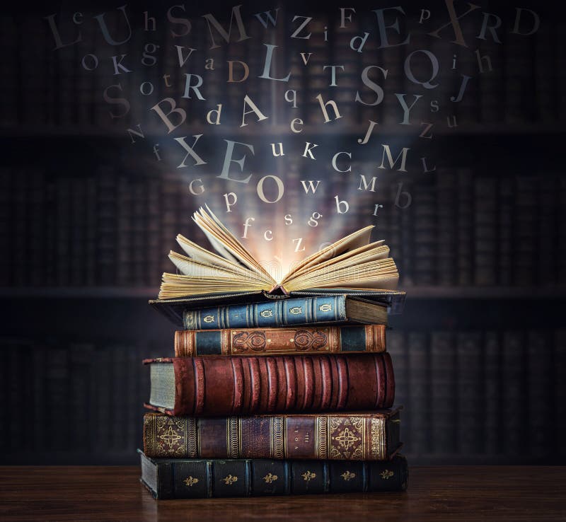 Old book with flying letters and magic light on the background of the bookshelf in the library. Ancient books as a symbol of knowledge, history, memory and information. Conceptual foundations of education, literary themes. Old book with flying letters and magic light on the background of the bookshelf in the library. Ancient books as a symbol of knowledge, history, memory and information. Conceptual foundations of education, literary themes