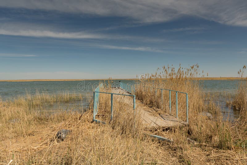 Vecchio pilastro della barca sulla riva di piccolo mare di Aral nel Kazakistan Nella priorità alta è l'erba alta fotografia stock libera da diritti Vecchio pilastro della barca sulla riva di piccolo mare di Aral nel Kazakistan Nella priorità alta è l'erba alta fotografia stock libera da diritti