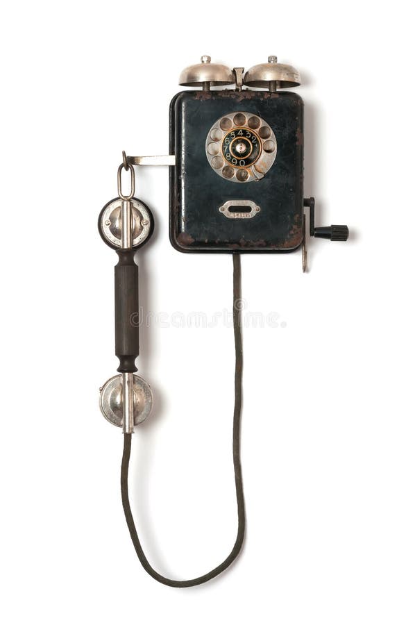 Vecchio telefono nero della parete su fondo bianco immagini stock libere da diritti Vecchio telefono nero della parete su fondo bianco immagini stock libere da diritti