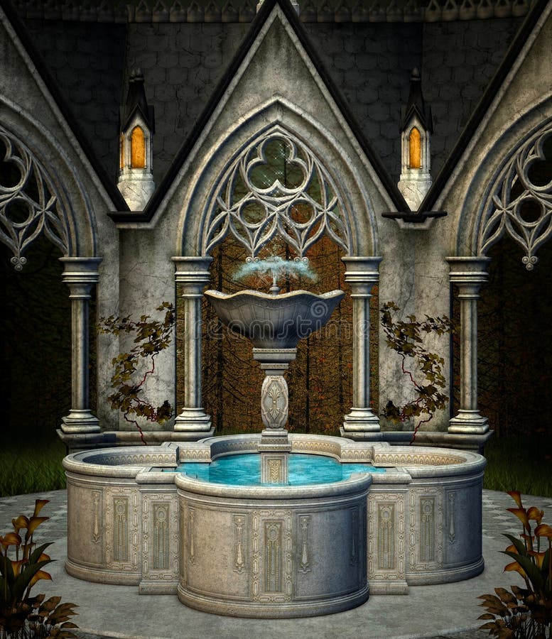 Elf fountain in an ancient place of worship by a gothic building â€“ 3D illustration. Elf fountain in an ancient place of worship by a gothic building â€“ 3D illustration