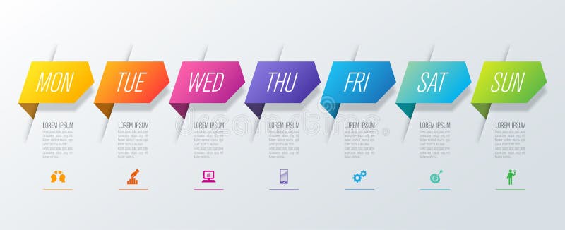 Veckostadsplanerare måndag - symboler för för söndag Infographics designvektor och affär med 7 alternativ vektor illustrationer